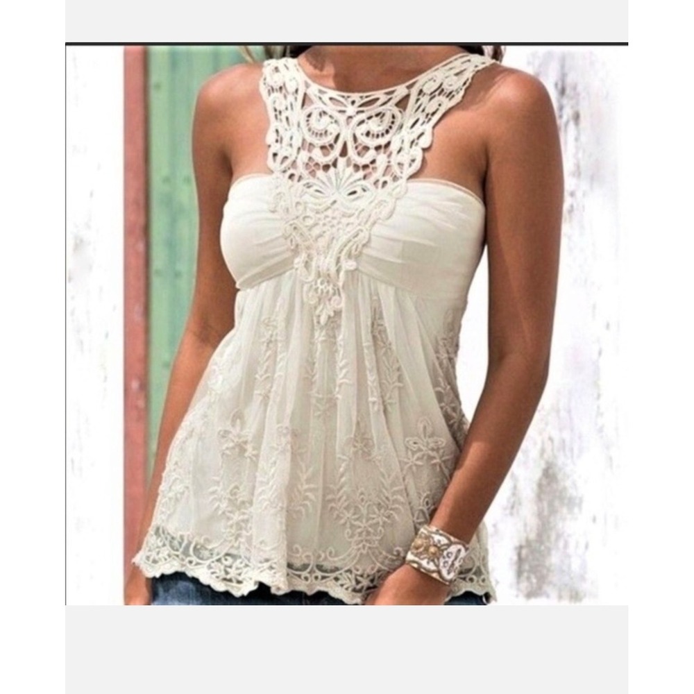 Muse Boston Proper White Crochet Lace Mesh Embroidered Boho Tank Top Large